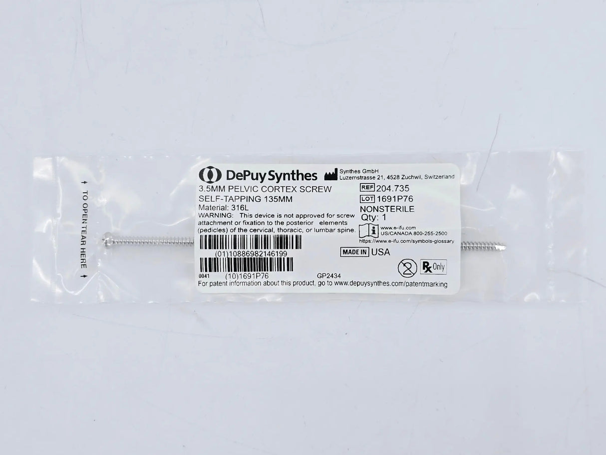 Synthes 204.735 3.5mm Pelvic Cortex Screw Self-Tapping 135mm Synthes