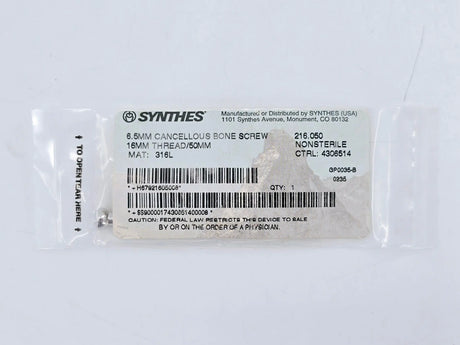 Synthes 216.050 6.5mm Cancellous Bone Screw 16mm Thread/50mm Synthes