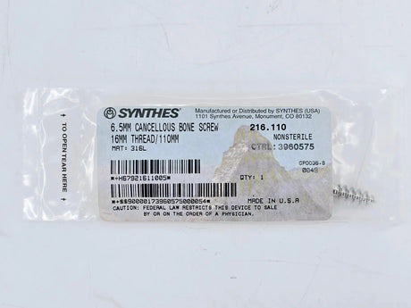 Synthes 216.110 6.5mm Cancellous Bone Screw 16mm Thread/110mm Synthes