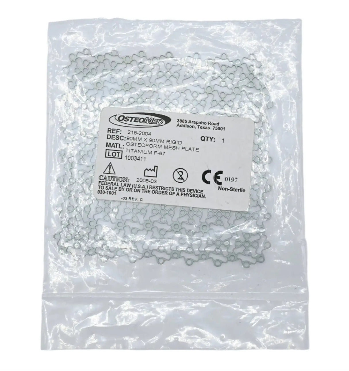 OsteoMed 218-2004 90mm x 90mm Rigid Osteoform Mesh Plate OsteoMed