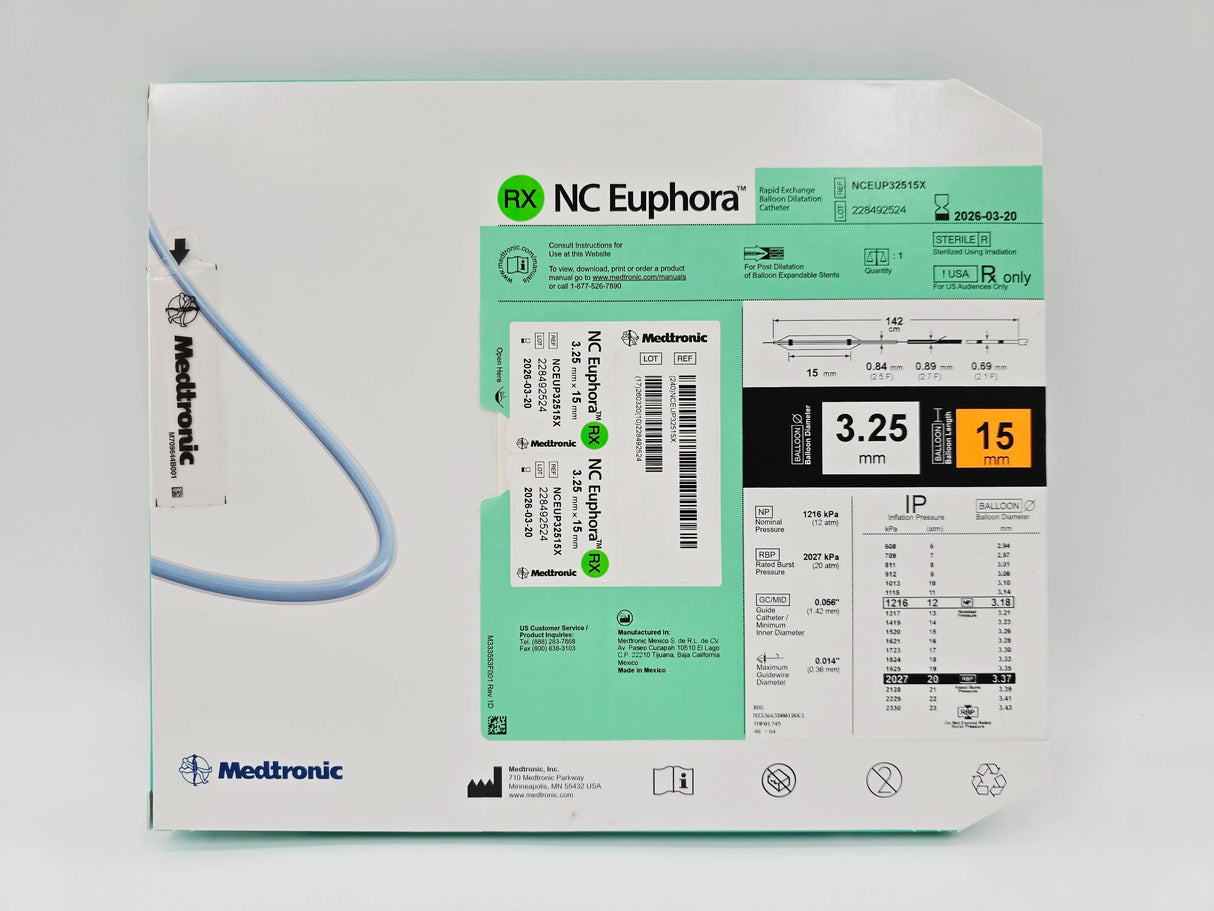 Medtronic NCEUP32515X NC Euphora 3.25mm x 15mm Noncompliant Balloon Dilation Catheter Medtronic