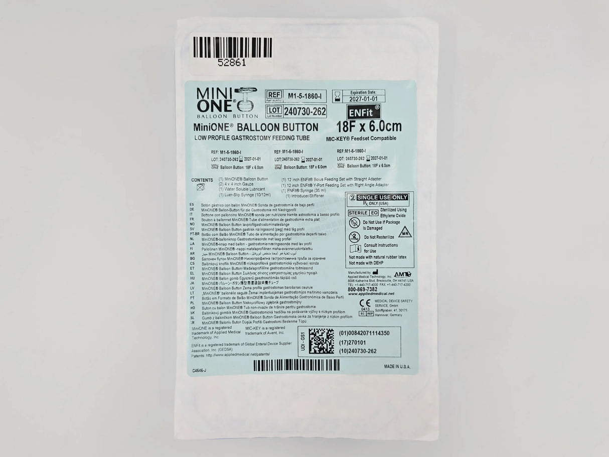 Applied Medical Tehcnology M1-5-1860-I 18Fr. x 6.0cm MiniONE Balloon Button Low Profile Feeding Device (ENFit), MDR Applied Medical Technology, Inc.