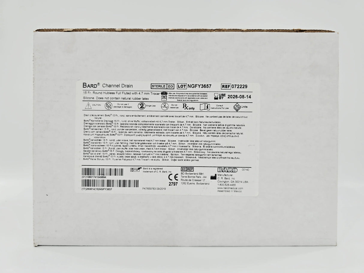Bard 072229 Silicone Channel Drain 15Fr. Round Hubless Full Fluted w/ 4.7mm Trocar CS/10 Bard