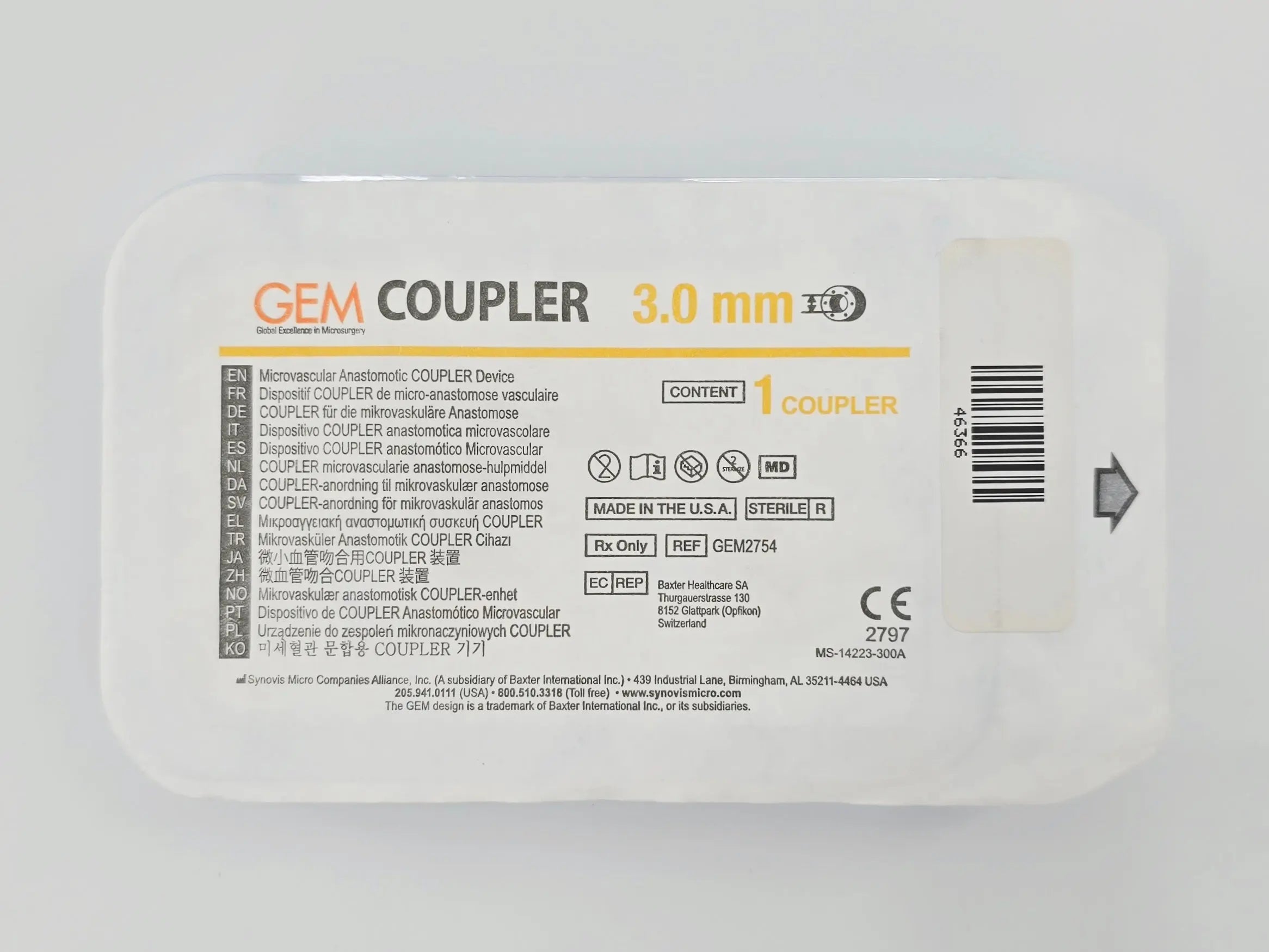GEM GEM2754 3.0mm Microvascular Anastomotic COUPLER Device