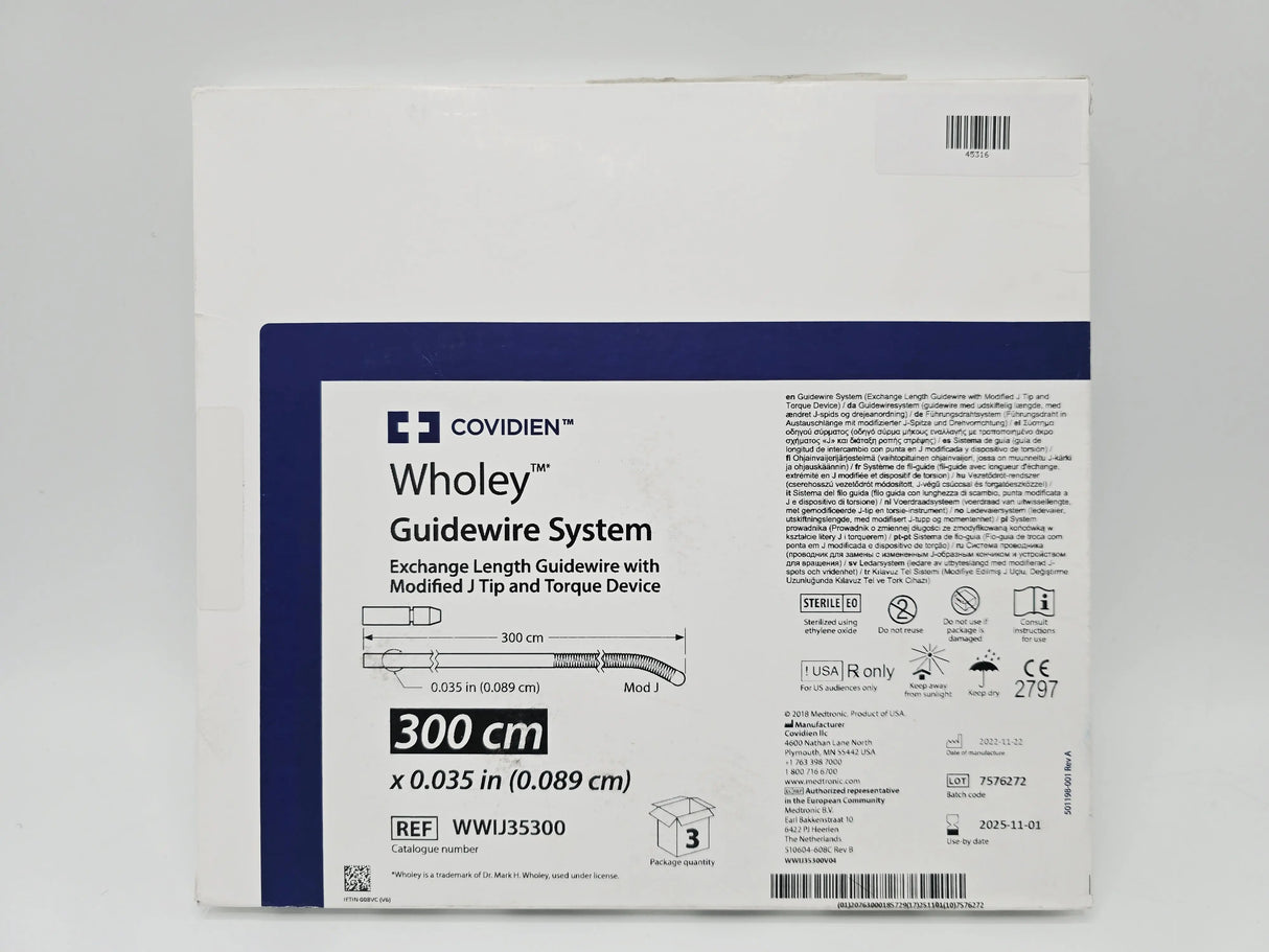 Covidien WWIJ35300 Wholey Guidewire System 300cm x 0.035" Exchange Length Guidewire w/ Modified J Tip and Torque Device BX/3 Covidien