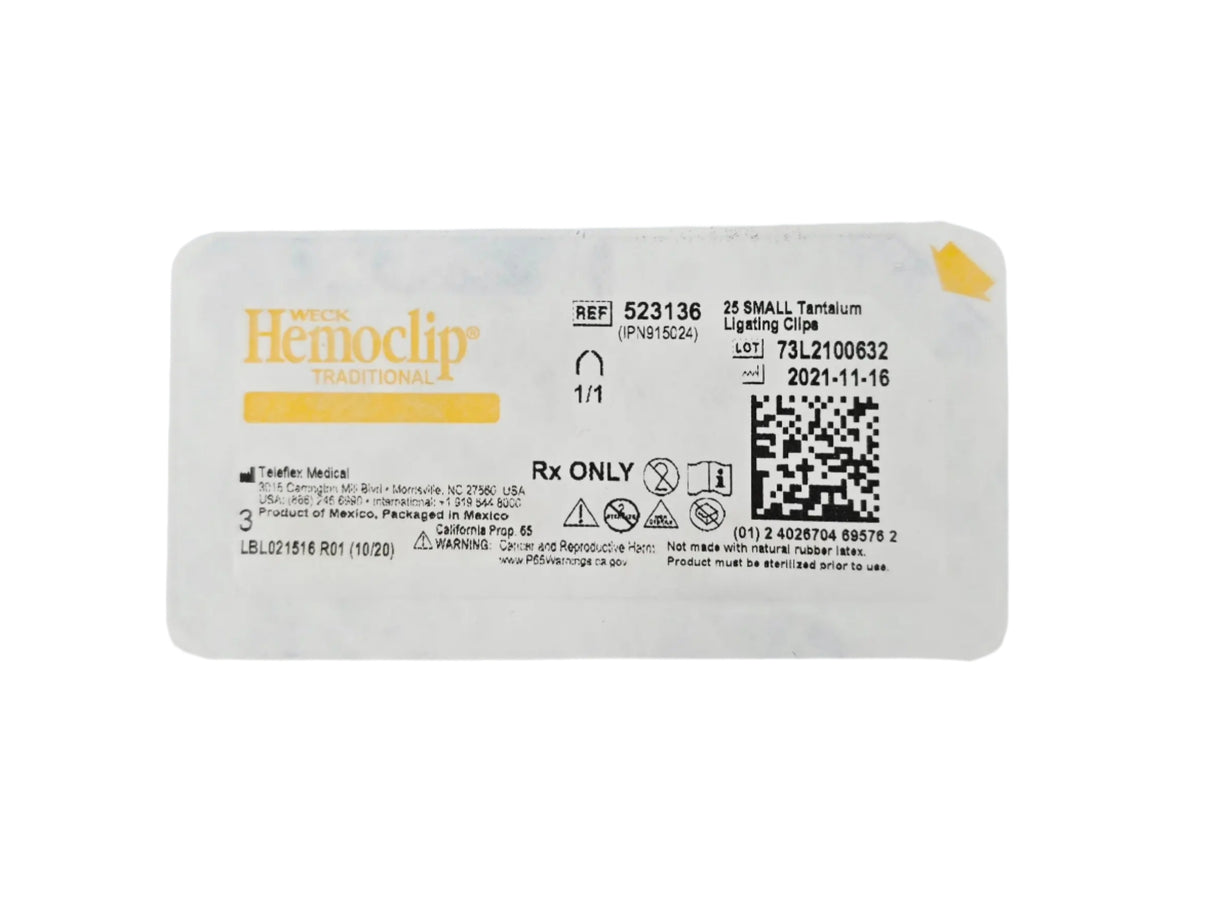 Weck 523136 Hemoclip Small Tantalum Ligating Clip 25 Clips/Cart Weck
