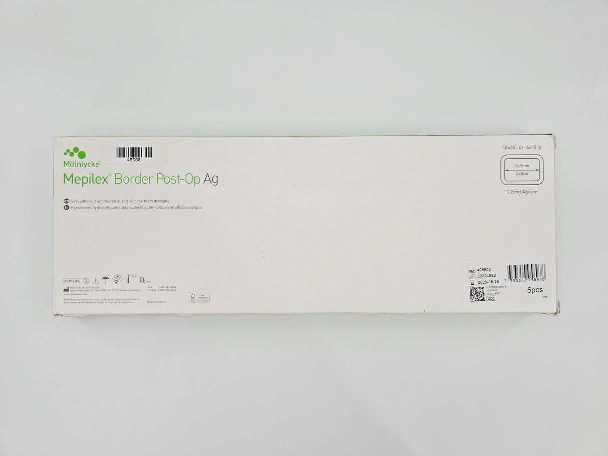 Molnlycke 498600 Mepilex Border Post-Op Ag 4" x 12" Self-Adherent Microbial Soft Silicone Foam Dressing BX/5 Molnlycke
