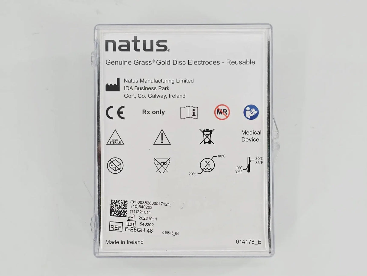Natus F-E5GH-48 Genuine GRASS 10mm Gold Cup-Disc Electrodes - Reusable 48" BX/10 Natus