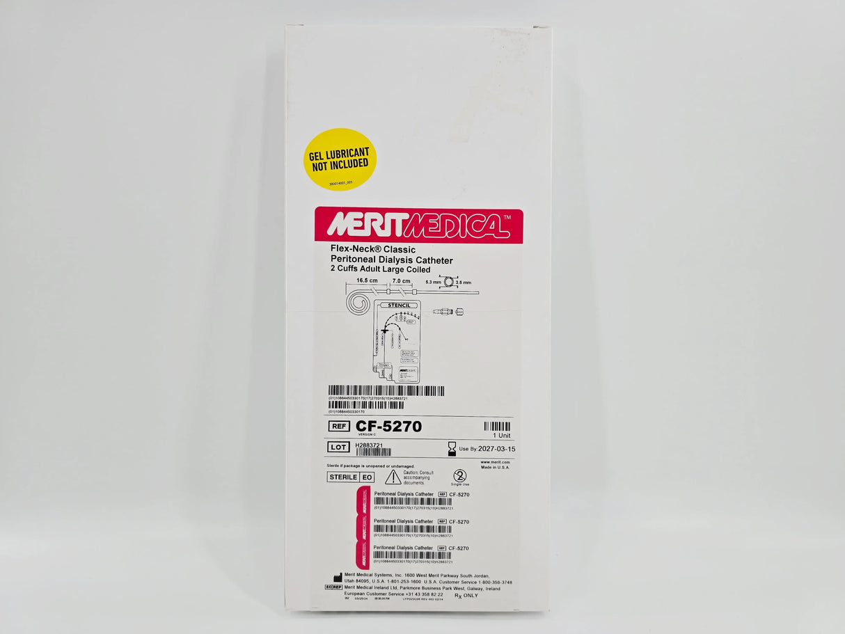 Merit Medical CF-5270 Flex-Neck Classic Peritoneal Dialysis Catheter 2 Cuffs Adult Large Coiled 16.5cm x 7.0cm Merit Medical