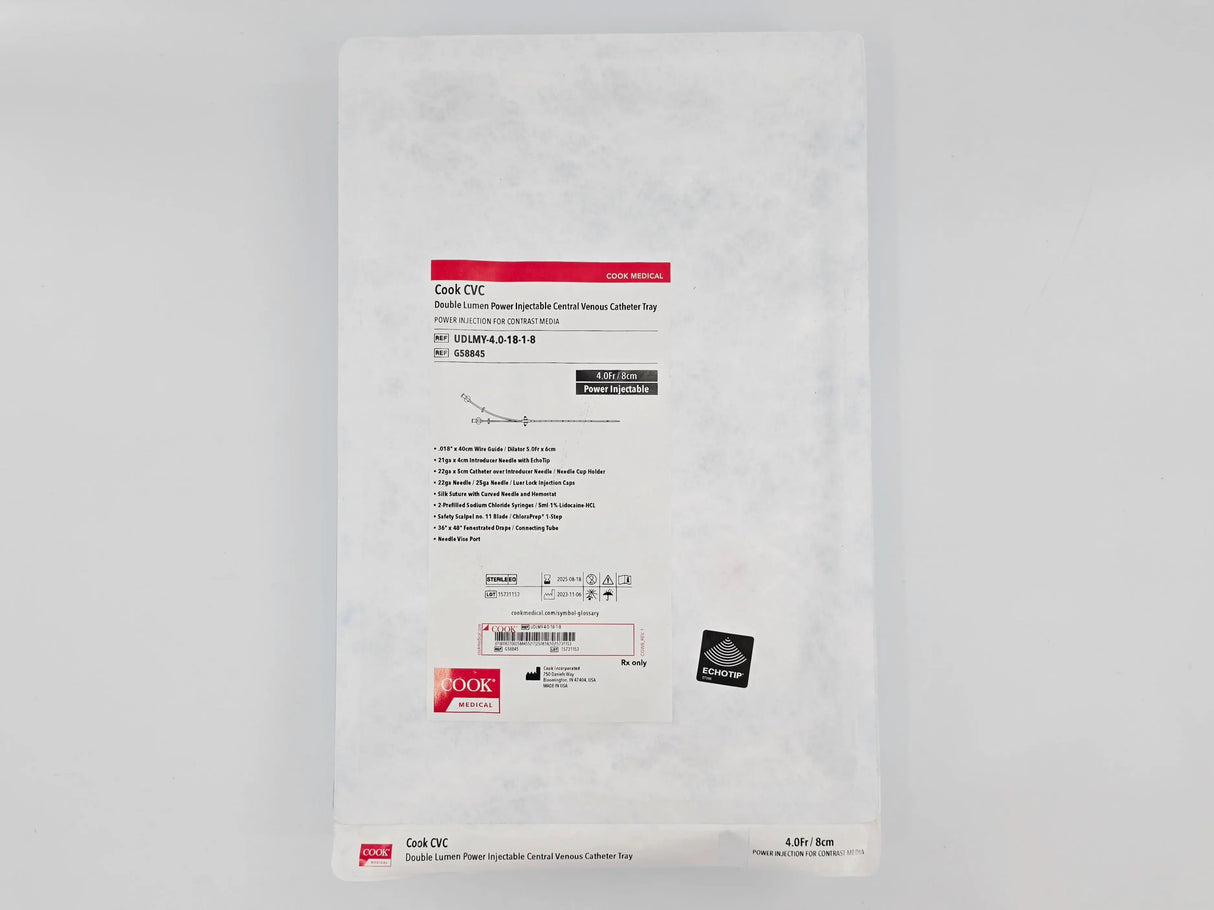 Cook Medical G58845 Double Lumen Power Injectable Central Venous Catheter Tray 4.0Fr. Cook Medical