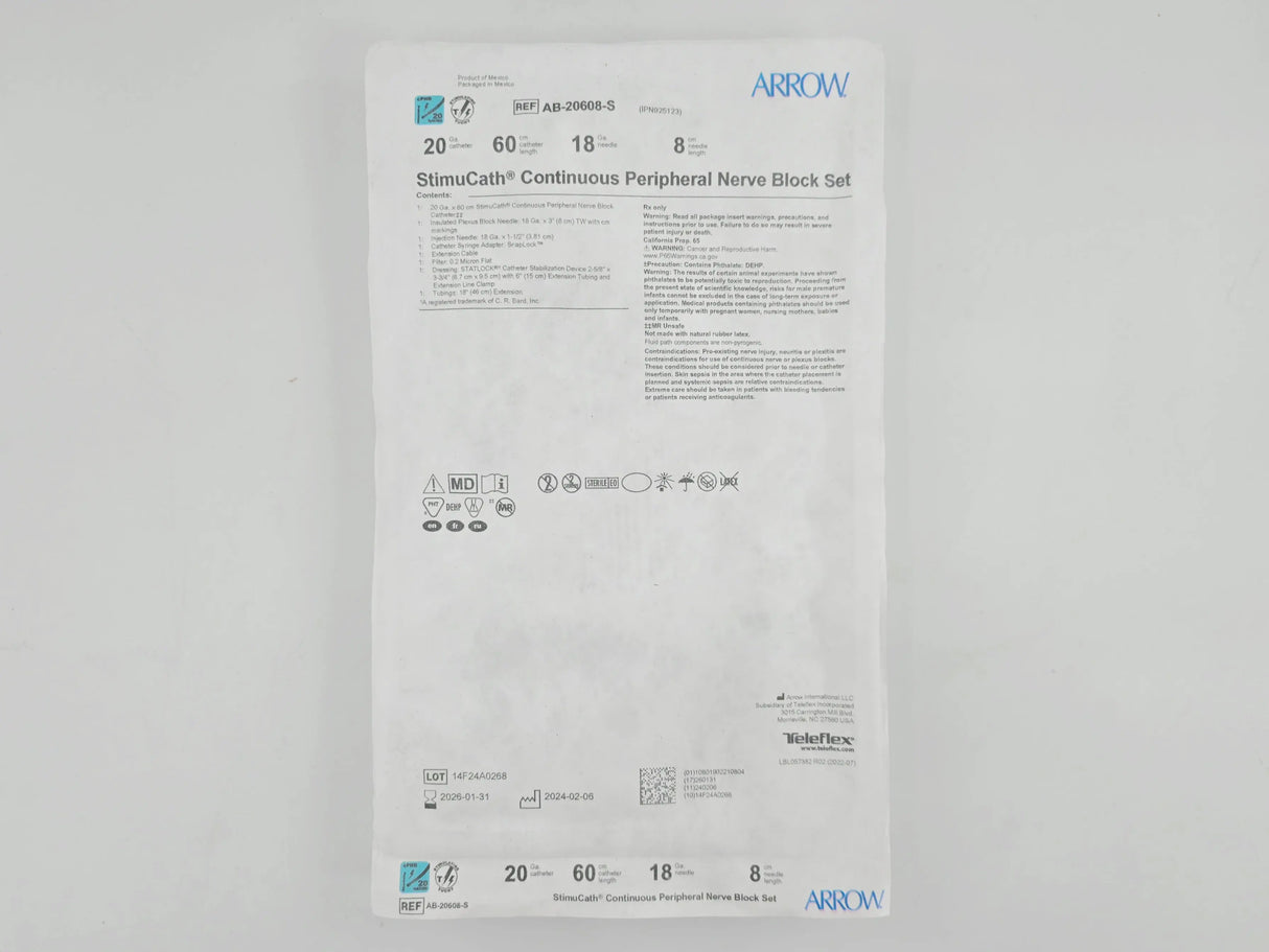 Arrow AB-20608-S StimuCath Continuous Peripheral Nerve Block Set 20Ga. x 60cm, 18Ga. x 8cm Arrow