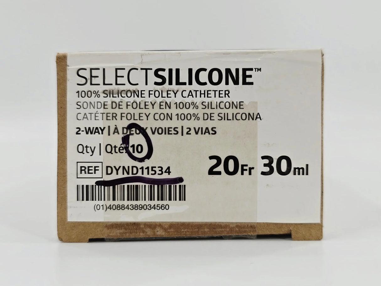 Medline DYND11534 SELECTSILICONE Foley Catheter 100% Silicone 2-Way 20Fr. 30mL BX/10 Medline