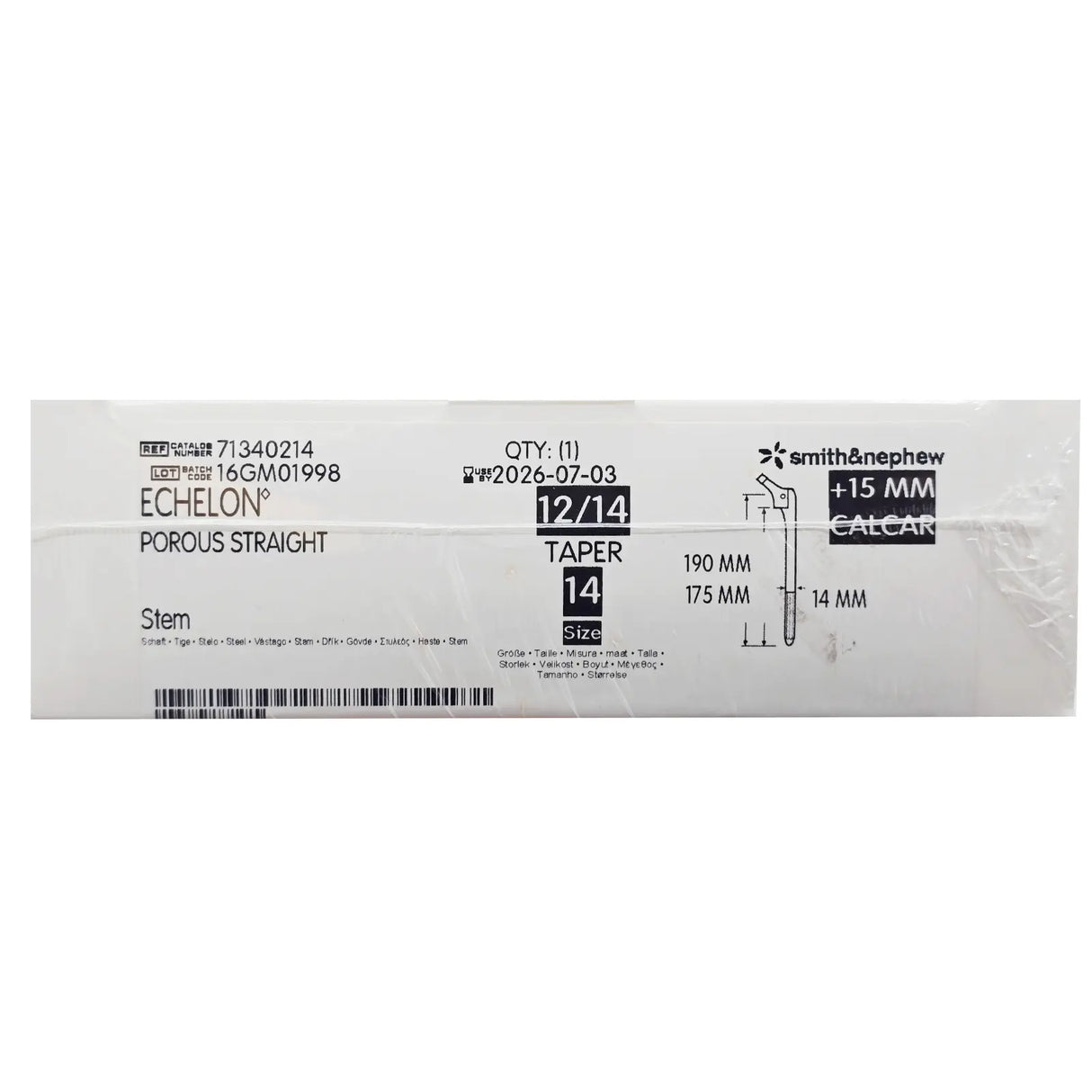 Smith & Nephew 71340214 Echelon 190mm Porous Femoral Component 15mm Calcar Size 14 Smith & Nephew, Inc.