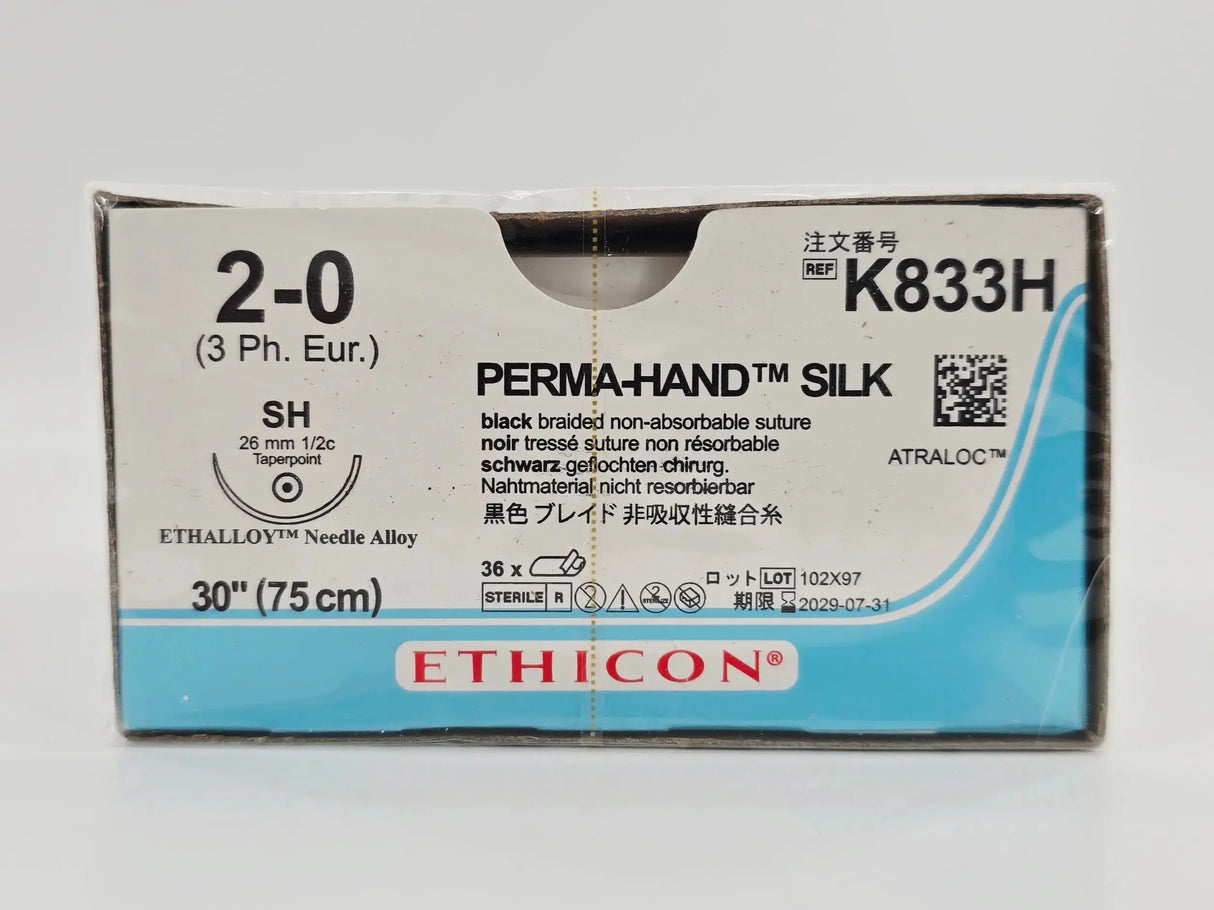 Ethicon K833H 2-0 PERMA-HAND SILK 1X30" Black SH 26mm ETHALLOY BX/36 Ethicon
