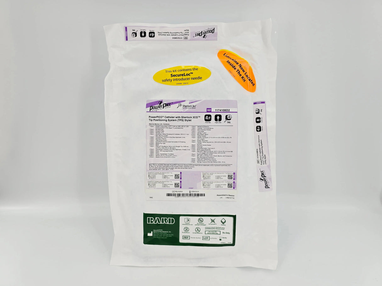 Bard 1174108D2 PowerPICC 4F Single-Lumen Catheter Placement Kit Max Barrier+ w/ Sherlock 3CG TPS Stylet Bard
