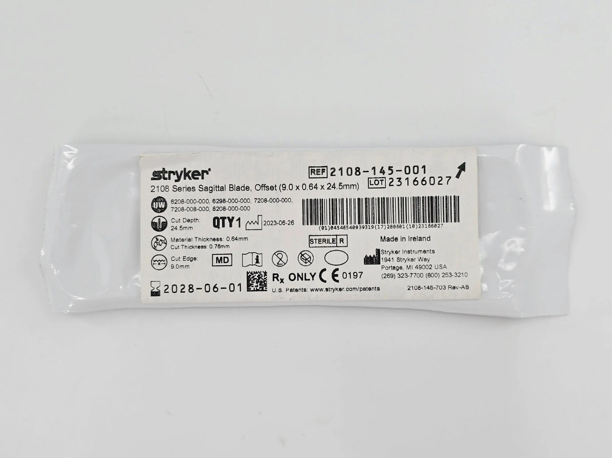 Stryker 2108-145-001 2108 Series Sagittal Blade Offset 9.0 x 0.64 x 24.5mm Stryker