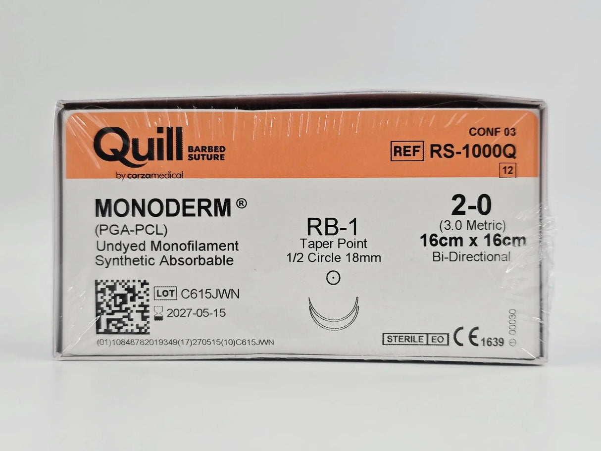 Corza Medical RS-1000Q Quill MONODERM 2-0 16X16 Double-Armed Undyed RB-1 18mm BX/12 Corza Medical