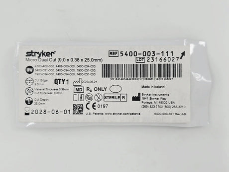 Stryker 5400-003-111 Micro Dual Cut Sagittal Saw Blade (9.0mm x 0.38mm x 25.0mm) Stryker