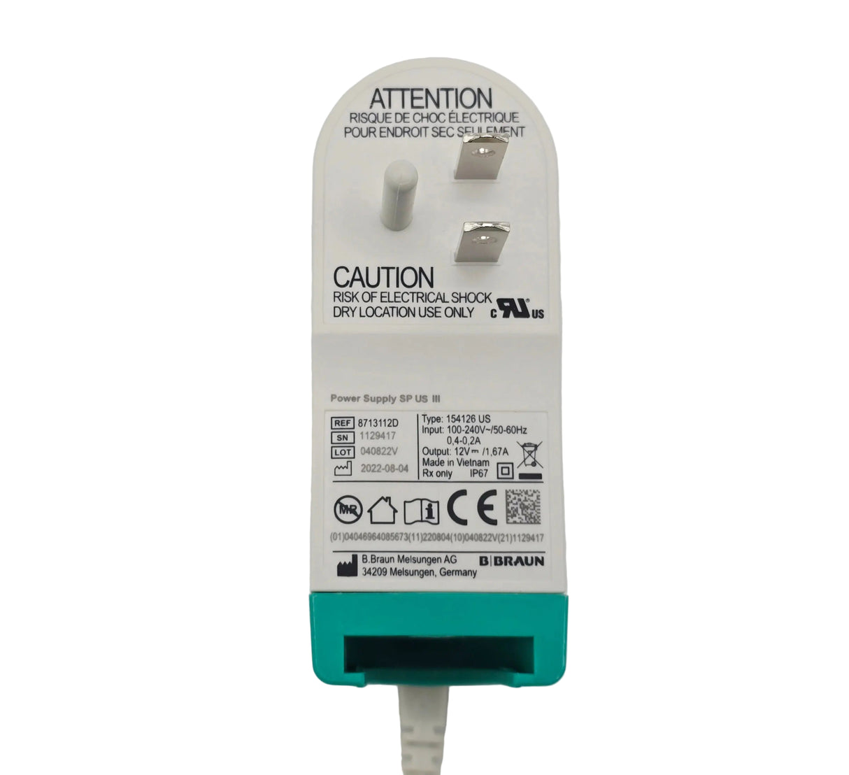 B. Braun 8713112D Power Cord AC Adapter for Infusomat Perfusor Space Pumps B Braun Medical, Inc.