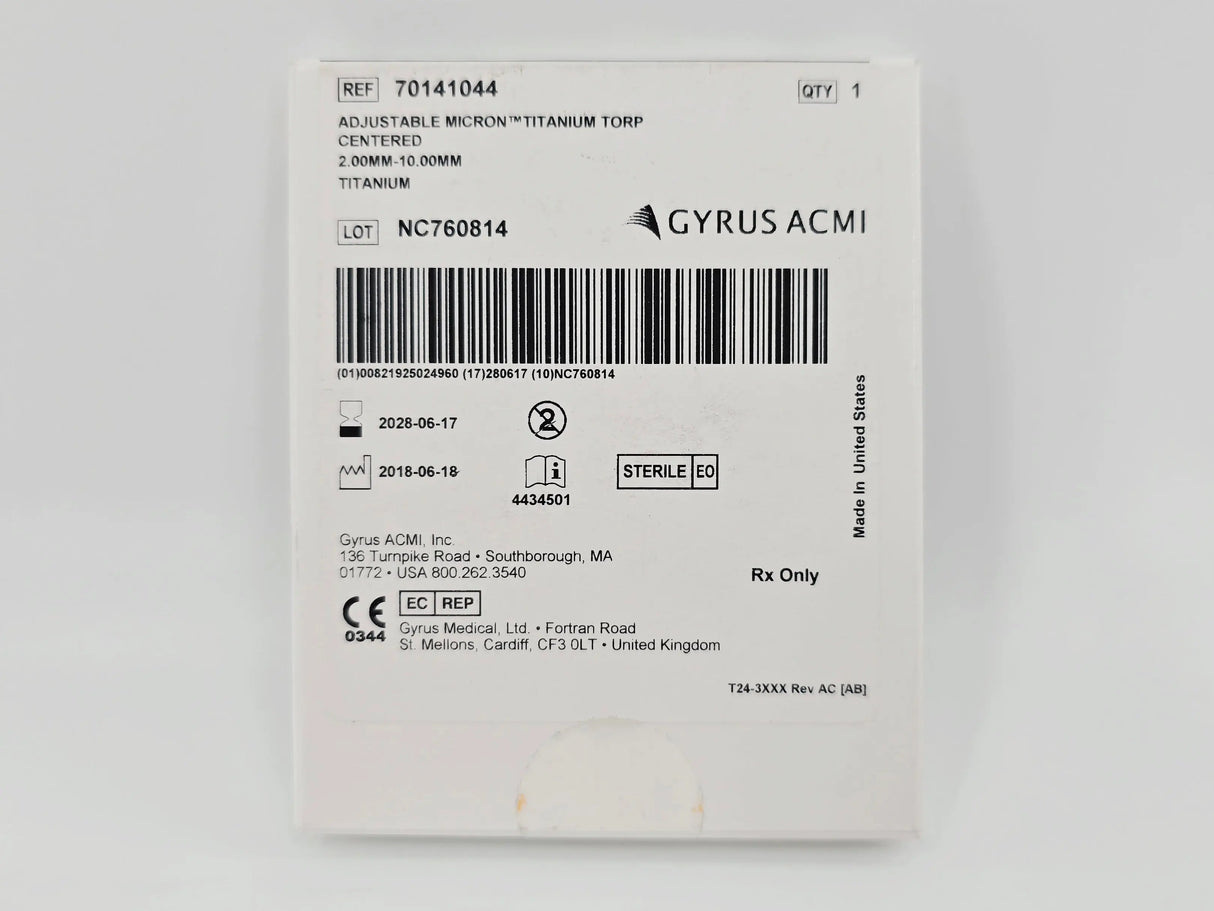 Gyrus ACMI 70141044 Micron Adjustable Titanium Torp Centered Ossicular Prosthesis 2.00mm-10.00mm 1/EA Gyrus ACMI