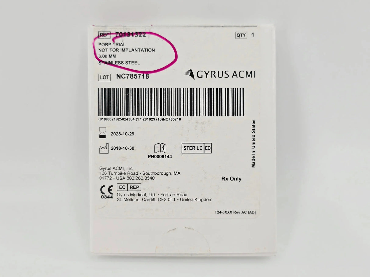 Gyrus ACMI 70131322 Prop Trial 3.0mm Stainless Steel (Not for Implantation) 1/EA Gyrus ACMI