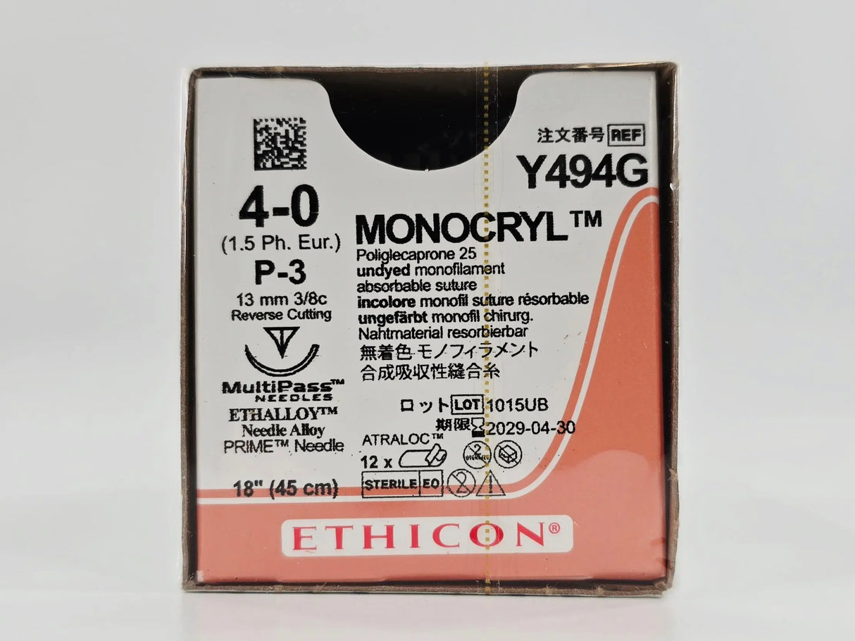 Ethicon Y494G 4-0 MONOCRYL Undyed 1X18" P-3 13mm Reverse Cutting BX/12 Ethicon