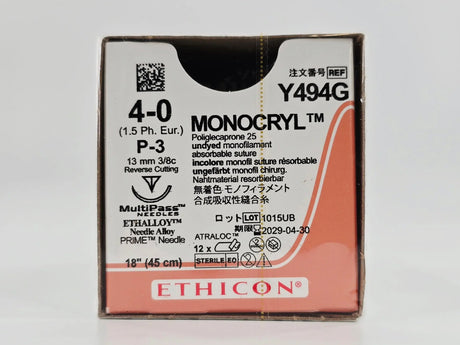 Ethicon Y494G 4-0 MONOCRYL Undyed 1X18" P-3 13mm Reverse Cutting BX/12 Ethicon
