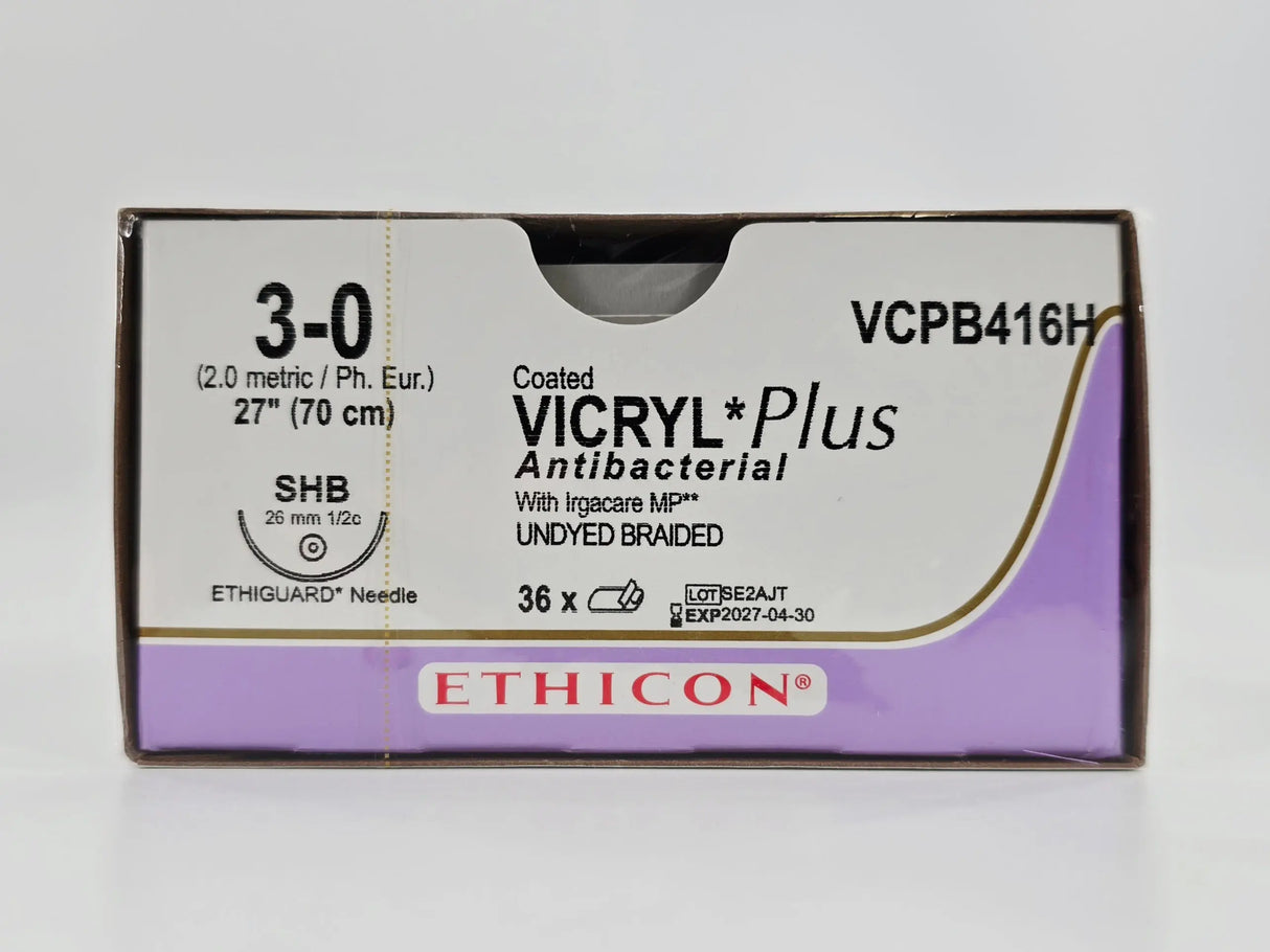 Ethicon VCPB416H 3-0 Coated VICRYL Plus 1X27" SHB 26mm ETHIGUARD Blunt Point BX/36 Ethicon