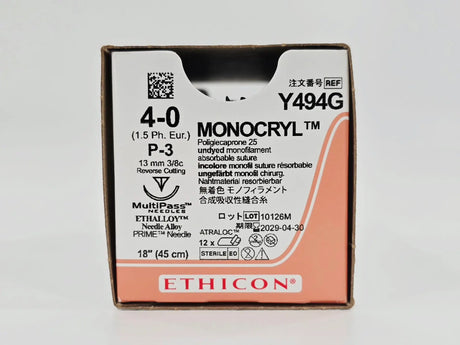 Ethicon Y494G 4-0 MONOCRYL Undyed 1X18" P-3 13mm BX/12 FULL OPEN BOX Ethicon