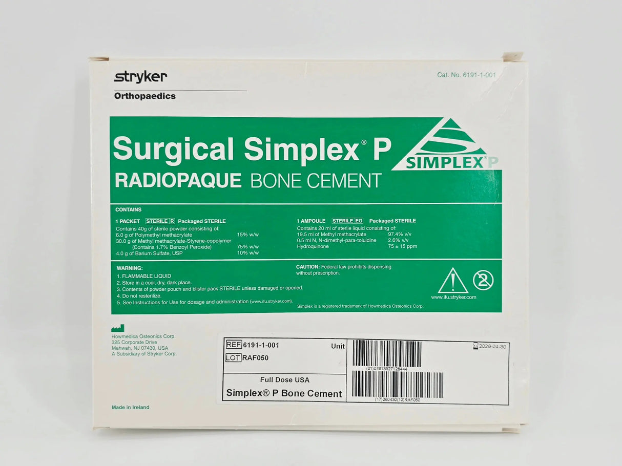 Stryker Orthopaedics 6191-1-001 Surgical Simplex P Radiopaque Full Dose Bone Cement 1/EA Stryker Orthopaedics