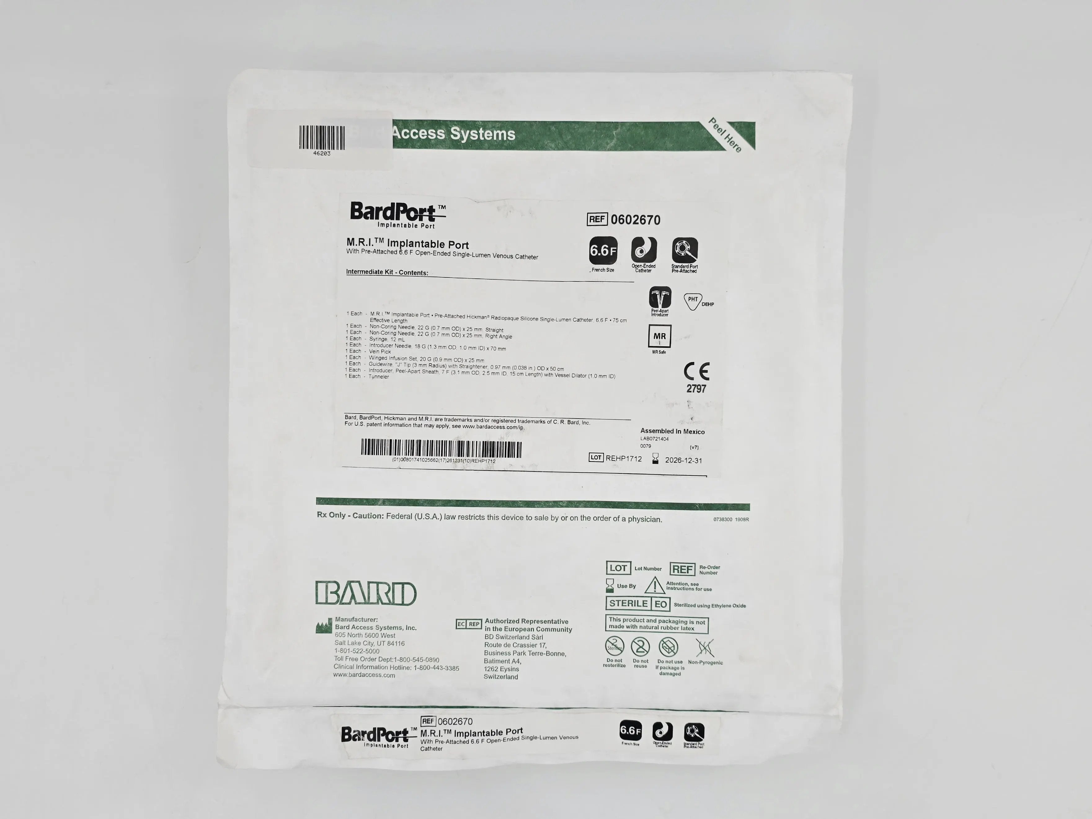 0602670 Bard BardPort M.R.I. Implantable Port w/ Pre-Attached 6.6