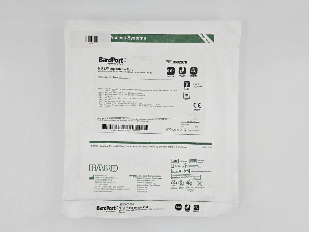 Bard 0602670 BardPort M.R.I. Implantable Port w/ Pre-Attached 6.6 F Open-Ended Single-Lumen Venous Catheter 1/EA Bard
