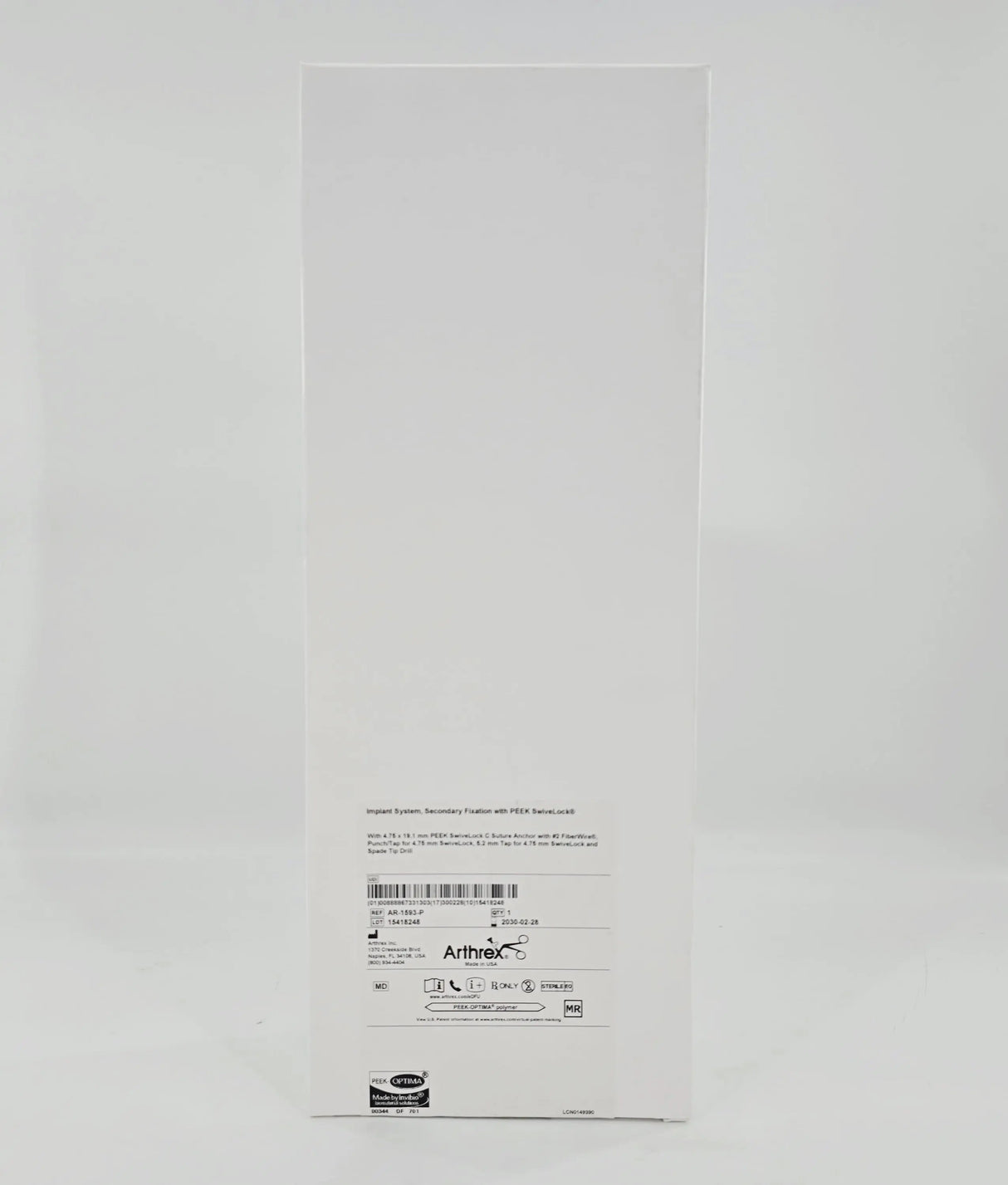 Arthrex AR-1593-P Implant System, Secondary Fixation w/ PEEK SwiveLock 4.75 x 19.1mm 1/EA Arthrex