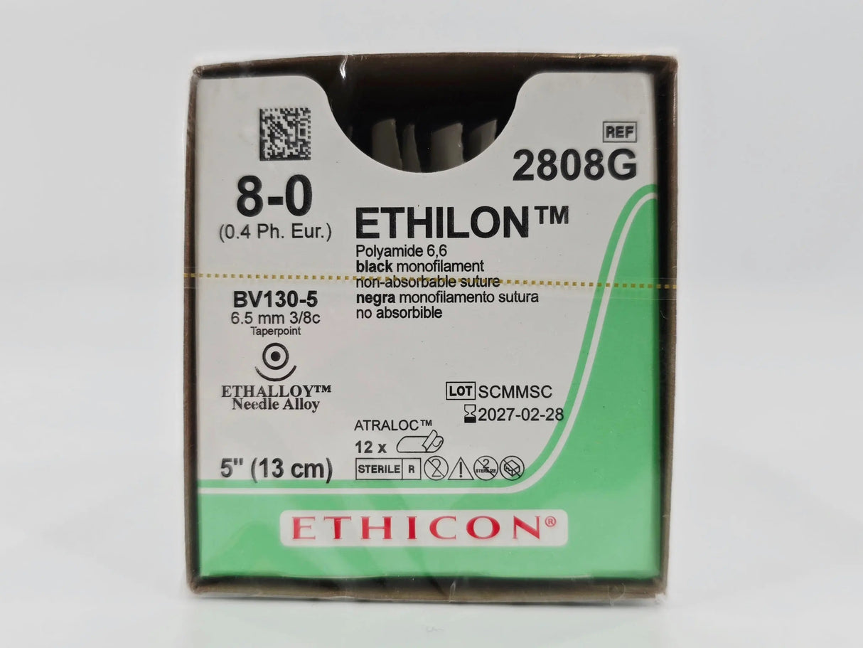 Ethicon 2808G ETHILON 8-0 Black 1X5" BV130-5 6.5mm ETHALLOY Needle Alloy BX/12 Ethicon