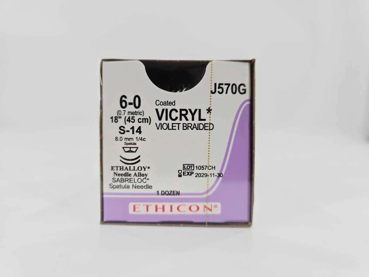 Ethicon J570G Coated VICRYL 6-0 Violet 1X18" S-14 8mm ETHALLOY Needle Alloy SABRELOC Spatula Needle BX/12 Ethicon