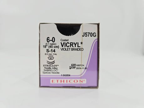 Ethicon J570G Coated VICRYL 6-0 Violet 1X18" S-14 8mm ETHALLOY Needle Alloy SABRELOC Spatula Needle BX/12 Ethicon