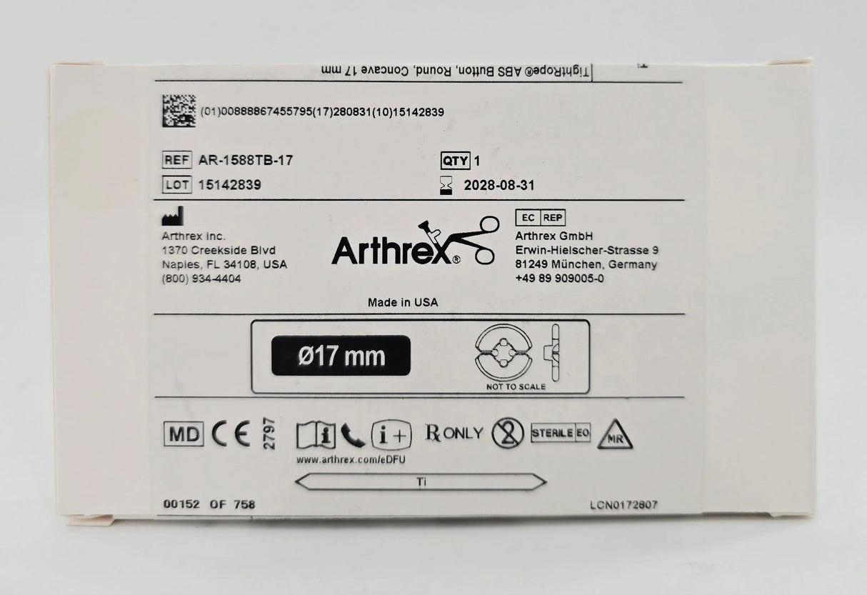 Arthrex AR-1588TB-17 TightRope ABS Button Round Concave 17mm 1/EA Arthrex