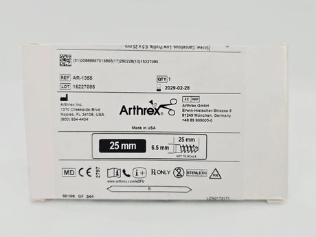 Arthrex AR-1355 Cancellous Screw Low Profile 6.5 x 25mm Titanium 1/EA Arthrex