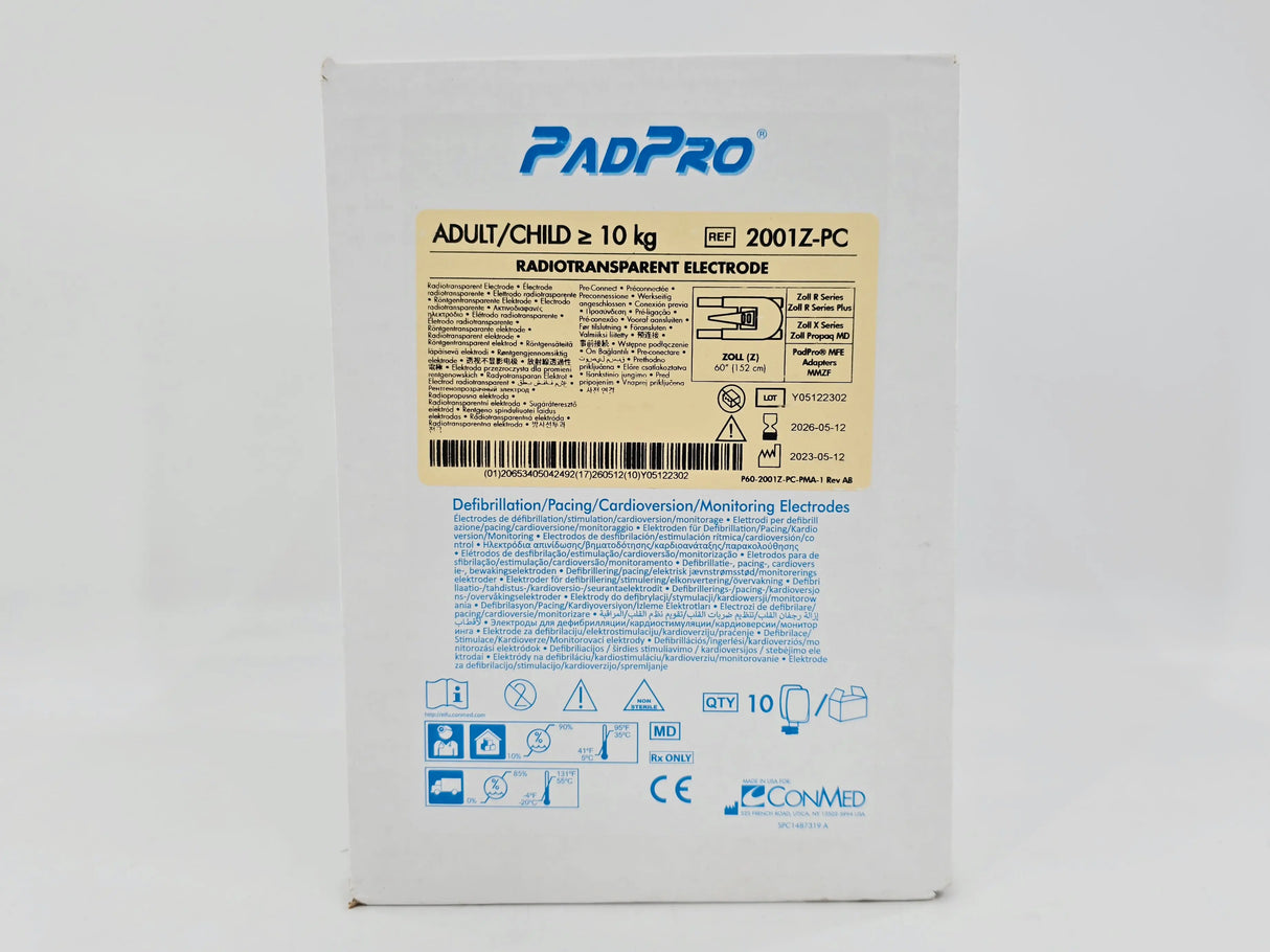 ConMed 2001Z-PC PadPro Radiotransparent Electrode Adult/Child w/ Pre-Connect Packaging A 60" BX/10 ConMed