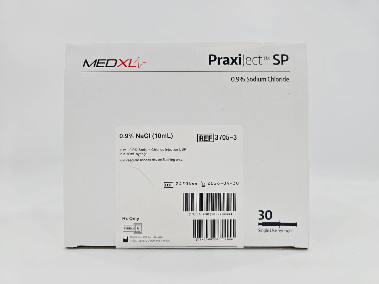 Amsino MEDXL Prefilled Saline Syringe Praxiject SP 0.9% NaCl (10mL) Disposable 3705-3 BX/30 MEDXL
