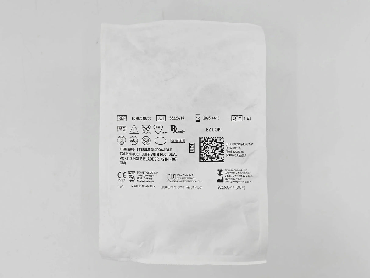 Zimmer 60707010400 Sterile Disposable Tourniquet Cuff Dual Port Single Bladder 24" 1/EA Zimmer
