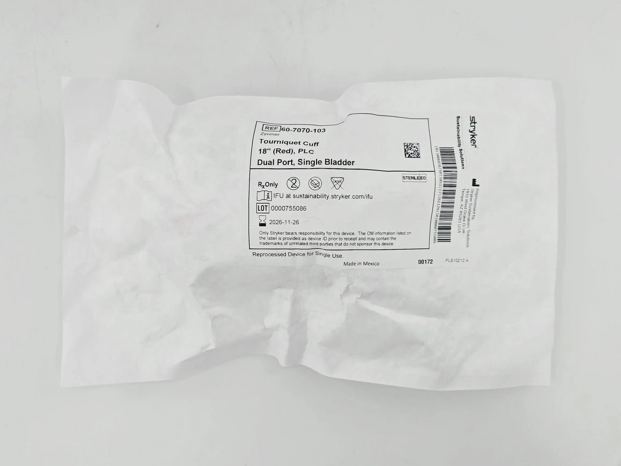 Stryker Sustainability 60-7070-103 Zimmer Reprocessed Tourniquet Cuff PLC Dual Port Single Bladder 18" (Red) 1/EA Stryker Sustainability