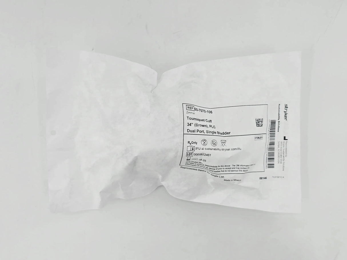 Stryker Sustainability 60-7070-106 Zimmer Reprocessed Tourniquet Cuff PLC Dual Port Single Bladder 34" (Brown) 1/EA Stryker Sustainability