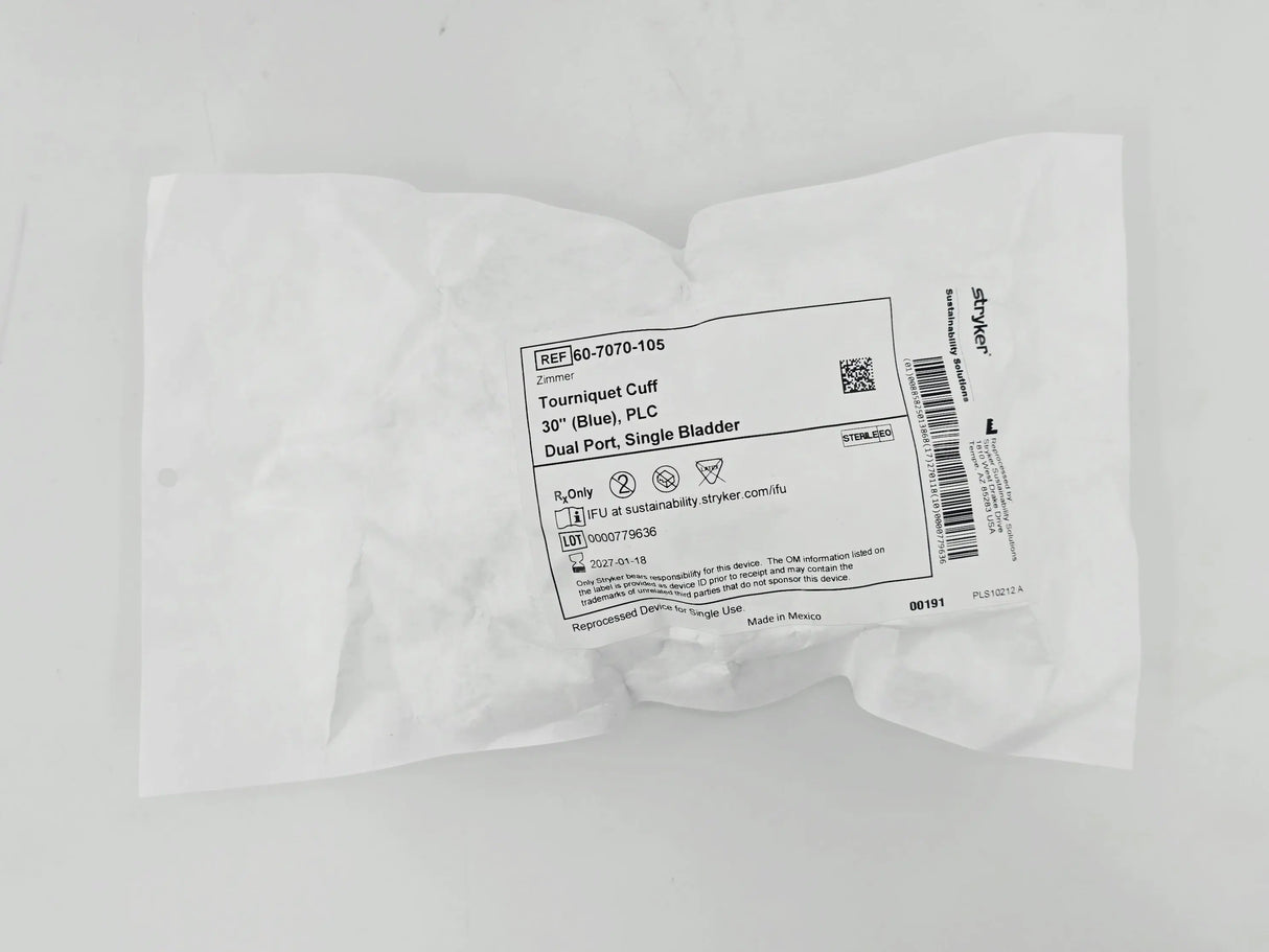 Stryker Sustainability 60-7070-105 Zimmer Reprocessed Tourniquet Cuff PLC Dual Port Single Bladder 30" (Blue) 1/EA Stryker Sustainability