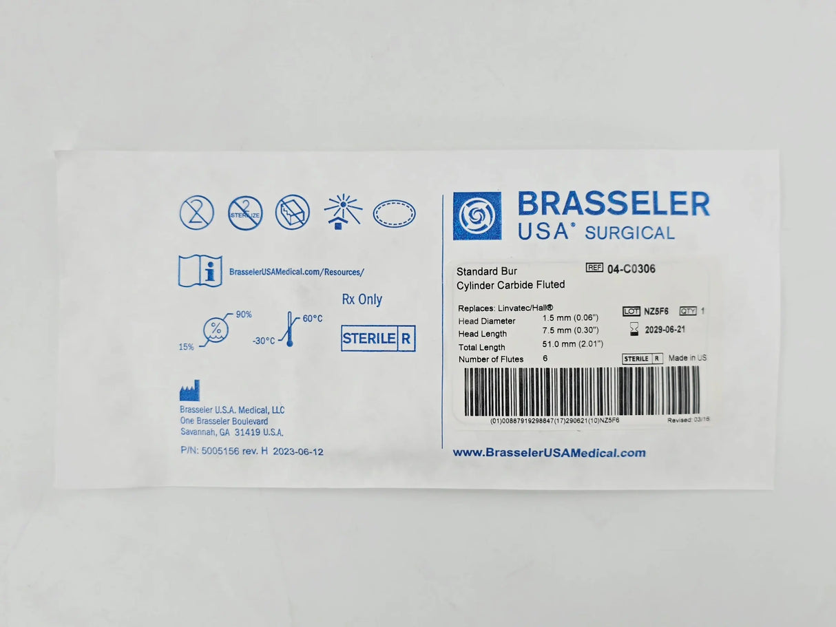 Brasseler 04-C0306 Standard Cylinder Carbide Fluted Bur 1.5mm x 7.5mm x 51mm 6 Flutes 1/EA Brasseler