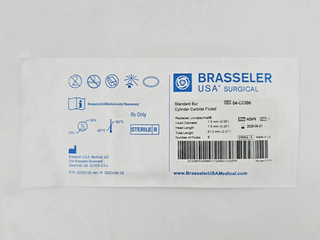 Brasseler 04-C0306 Standard Cylinder Carbide Fluted Bur 1.5mm x 7.5mm x 51mm 6 Flutes 1/EA Brasseler