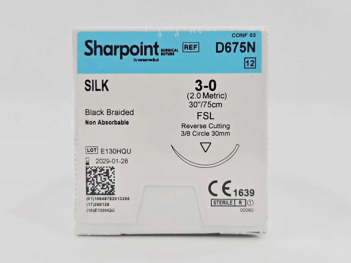 Corza Medical D675N Sharpoint SILK 3-0 Black 1X30" FSL 30mm Reverse Cutting BX/12 Corza Medical