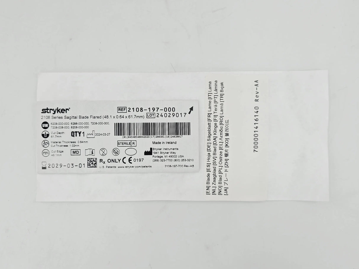 Stryker 2108-197-000 2108 Series Sagittal Saw Blade Wide Flare (48.1 x 0.64 x 61.7mm) 1/EA Stryker