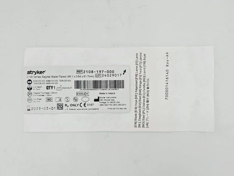 Stryker 2108-197-000 2108 Series Sagittal Saw Blade Wide Flare (48.1 x 0.64 x 61.7mm) 1/EA Stryker