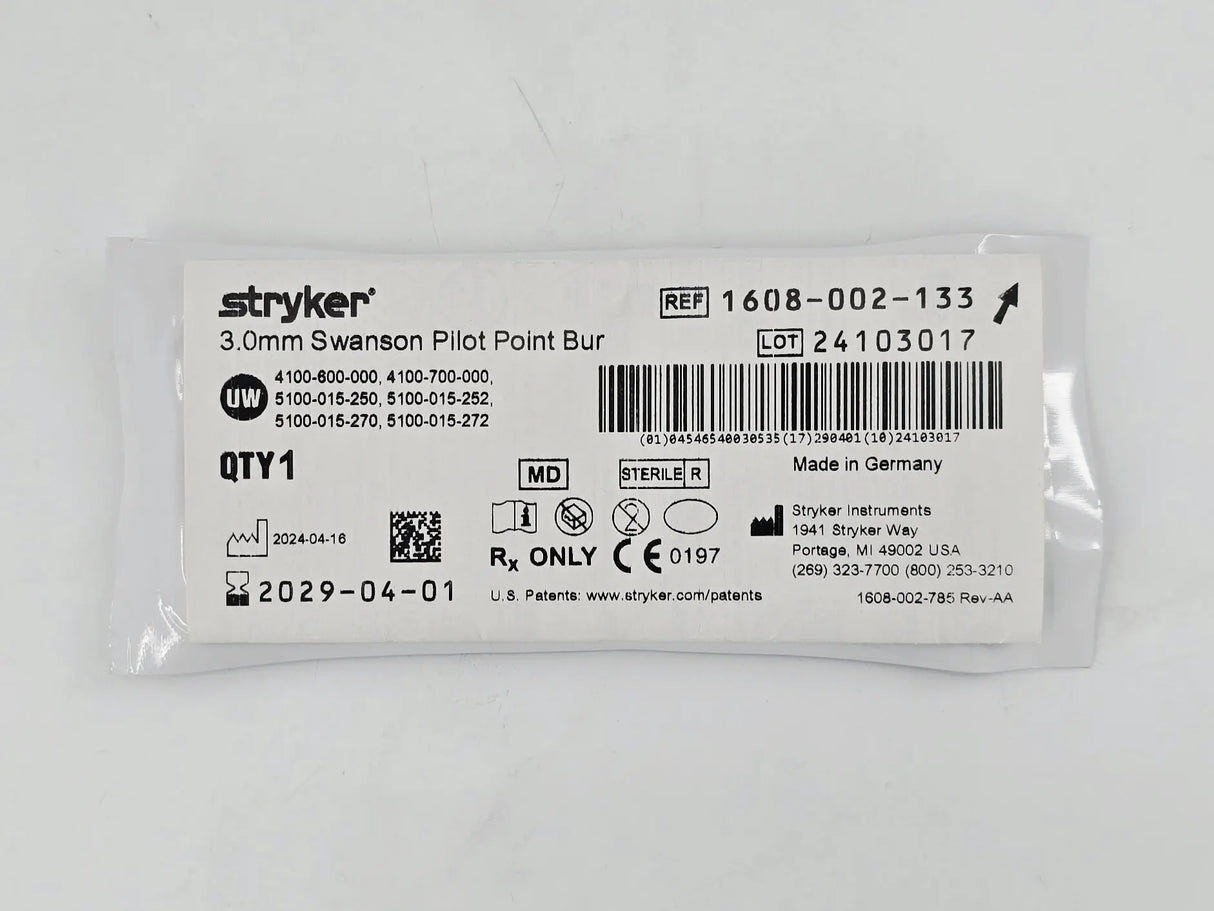 Stryker 1608-002-133 3.0mm Swanson Pilot Point Bur 1/EA Stryker